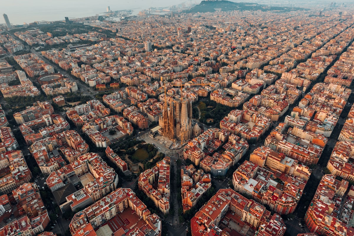 Aerial view over the rooftops of Barcelona, Spain