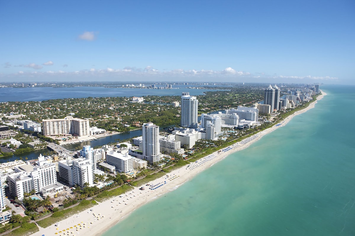 Aerial view of the Miami Beach coastline and high-rise buildings
