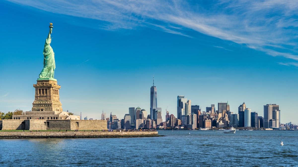 The Statue of Liberty before the Manhattan skyline