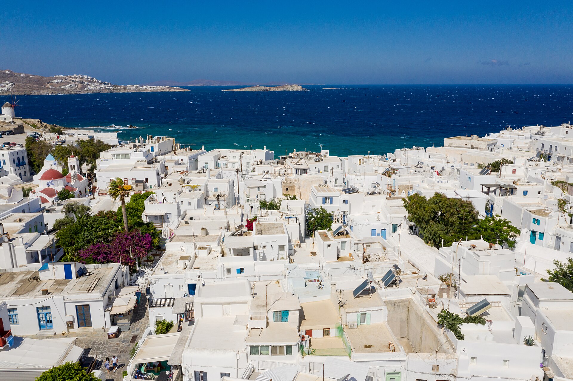 Aerial view of Little Venice in Mykonos, Greece