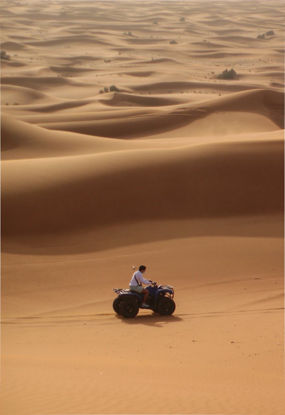 A quad bike crossing desert dunes