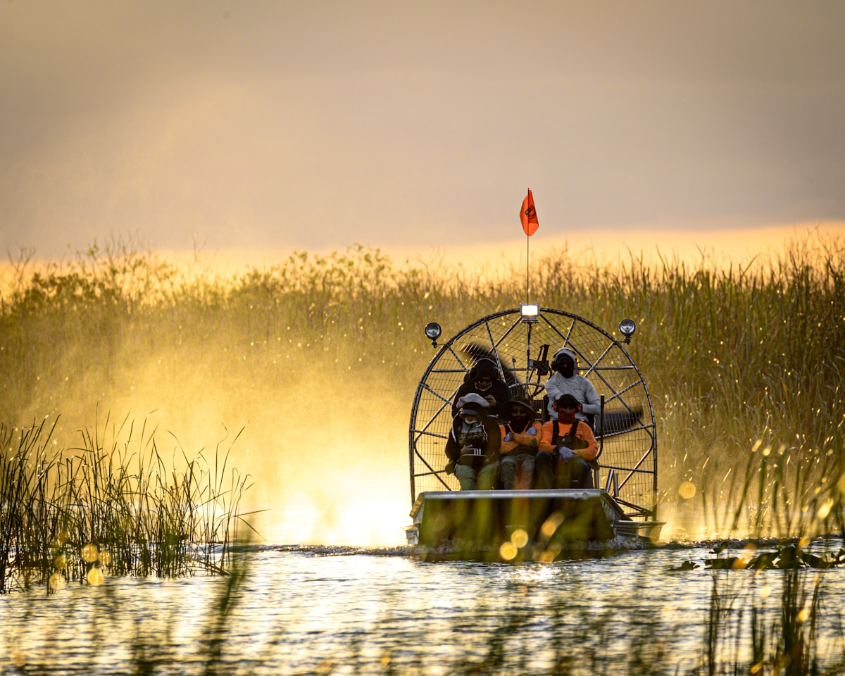 An airboat carrying passengers across Everglades wetland