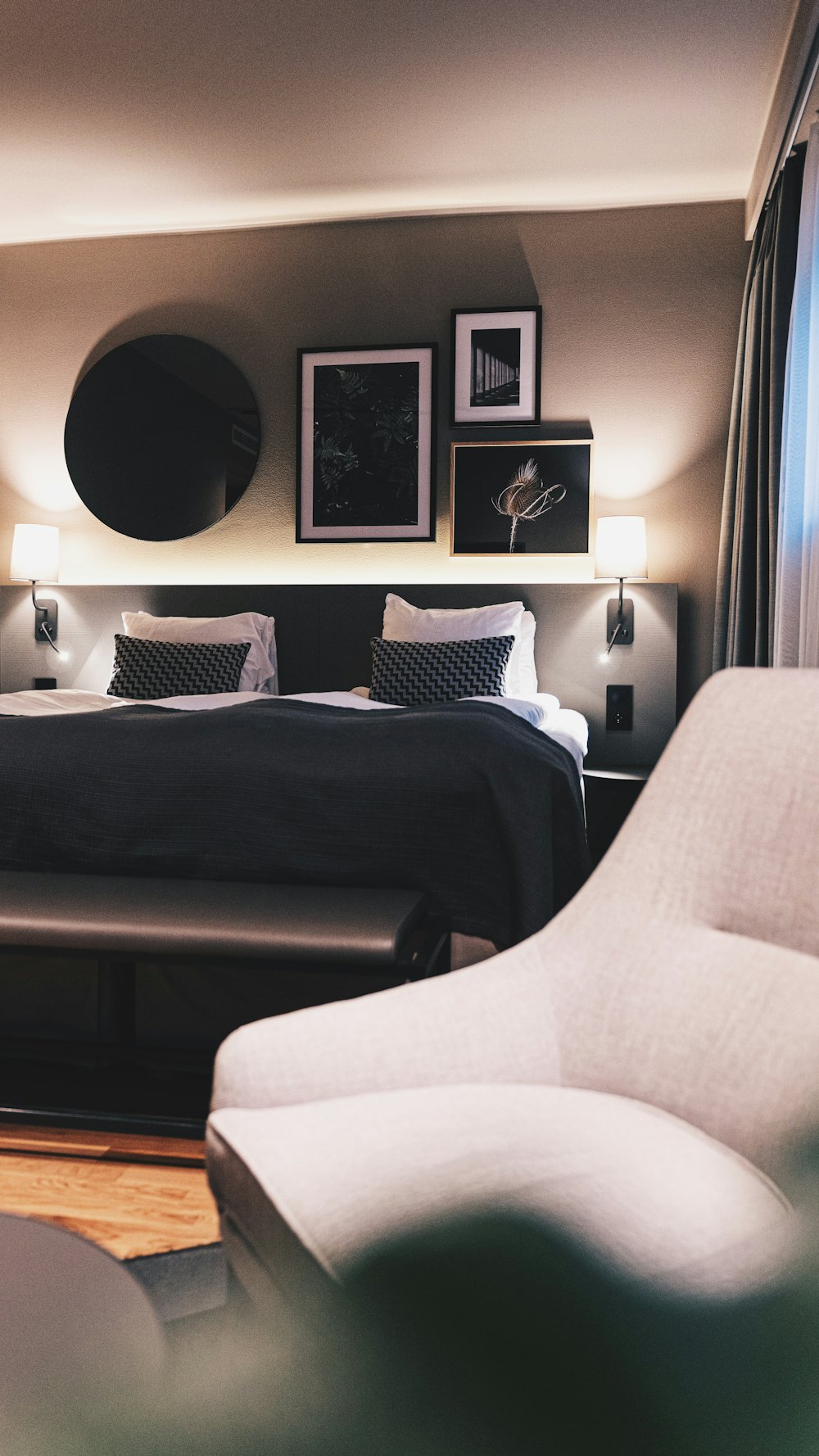 A hotel lounge with armchairs